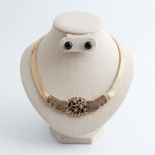 Load image into Gallery viewer, Antique Gold Black Floral Herringbone Necklace
