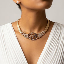 Load image into Gallery viewer, Antique Gold Pearl Floral Herringbone Necklace