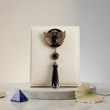 Load image into Gallery viewer, Egyptian Gold Scarab Black Dangle Brooch Pin