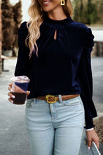 Load image into Gallery viewer, Tie Up Mock Neck Velvet Fabric Long Sleeve Blouse
