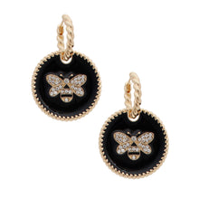 Load image into Gallery viewer, Black Bee Charm Twisted Gold Hoops