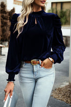 Load image into Gallery viewer, Tie Up Mock Neck Velvet Fabric Long Sleeve Blouse