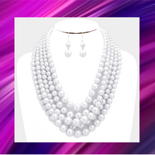 Load image into Gallery viewer, White Five Row Strand Pearls - White Pearl Necklace & Earrings 2pc. Set - N1016