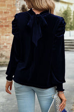 Load image into Gallery viewer, Tie Up Mock Neck Velvet Fabric Long Sleeve Blouse
