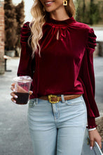 Load image into Gallery viewer, Tie Up Mock Neck Velvet Fabric Long Sleeve Blouse