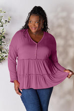 Load image into Gallery viewer, Double Take Half Button Long Sleeve Ruffle Hem Blouse