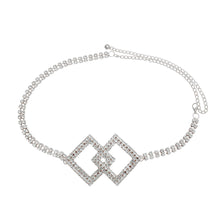 Load image into Gallery viewer, Silver chain belt with a crystal double-diamond centerpiece, shown flat
