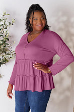 Load image into Gallery viewer, Double Take Half Button Long Sleeve Ruffle Hem Blouse