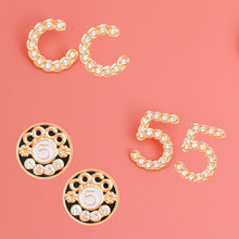 Load image into Gallery viewer, 3 Pcs Designer-Inspired COCO Gold Metal and Rhinestone Stud Earring Set