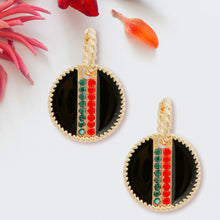 Load image into Gallery viewer, Black Stripe Charm Twisted Gold Hoops