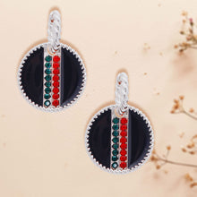 Load image into Gallery viewer, Black Stripe Charm Twisted Silver Hoops