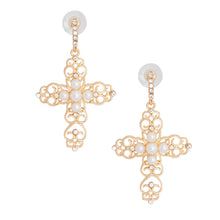 Load image into Gallery viewer, Cream Filigree Cross Earrings