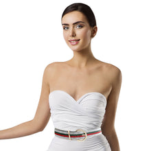 Load image into Gallery viewer, Model wearing the black rhinestone Stripe Savvy belt with green and red stripes and a white strapless dress