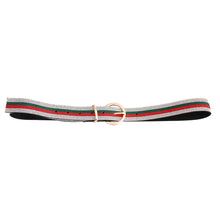 Load image into Gallery viewer, Black rhinestone belt with green and red crystal stripes and a gold-tone round buckle, shown flat
