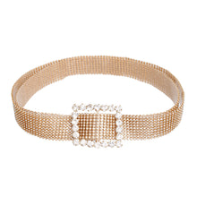 Load image into Gallery viewer, Gold pavé rhinestone belt with a sparkling square crystal buckle, shown flat on a white background