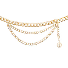 Load image into Gallery viewer, Close-up of the gold triple coin chain belt's draped swags and coin charm