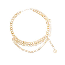 Load image into Gallery viewer, Gold triple coin chain belt laid flat showing its clasp closure