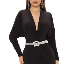 Load image into Gallery viewer, Model wearing the silver ball chain rhinestone frame belt with a black V-neck dress