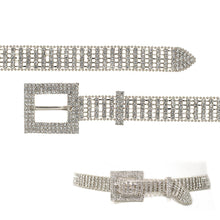 Load image into Gallery viewer, Silver ball chain belt with clear rhinestones and a rectangular rhinestone buckle, shown flat