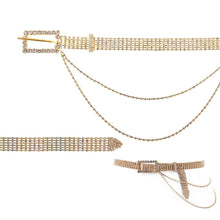 Load image into Gallery viewer, Gold rhinestone belt with a stone-framed buckle and double chain drapes, shown flat