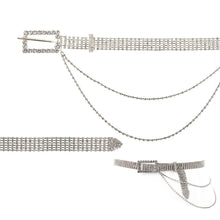 Load image into Gallery viewer, Silver rhinestone belt with a stone-framed buckle and double chain drapes, shown flat