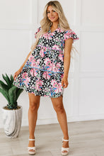 Load image into Gallery viewer, Pink Leopard Floral Ricrac Embellished Tiered Mini Dress
