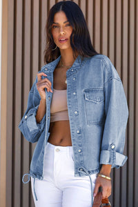 Sky Blue Roll-Up Tab Sleeve Button Down Pocket Denim Jacket