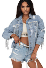 Load image into Gallery viewer, Sky Blue Sequin Embellished Fringe Distressed Denim Jacket
