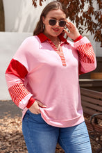 Load image into Gallery viewer, Rose Striped Patchwork Side Split Collared Plus Size Sweatshirt
