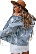 Load image into Gallery viewer, Sky Blue Sequin Embellished Fringe Distressed Denim Jacket
