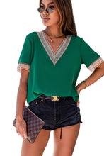 Load image into Gallery viewer, Black Lace Trim V Neck Short Sleeve Blouse
