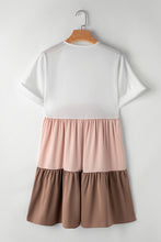 Load image into Gallery viewer, Light French Beige Triple Colors V Neck Folded Cuffs Tiered Loose Dress
