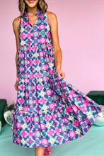 Load image into Gallery viewer, Blue Floral Print Frilly Neck Sleeveless Tiered Maxi Dress
