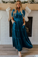 Load image into Gallery viewer, Prussian Blue Velvet Short Sleeve Shirred Waist Tiered Maxi Dress
