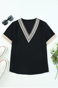 Black Lace Trim V Neck Short Sleeve Blouse