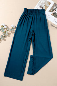 Brown Drawstring Elastic Waist Casual Wide Leg Pants