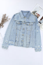 Load image into Gallery viewer, Blue Lapel Distressed Raw Hem Buttons Denim Jacket
