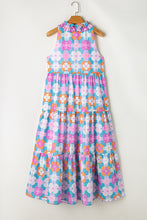 Load image into Gallery viewer, Blue Floral Print Frilly Neck Sleeveless Tiered Maxi Dress
