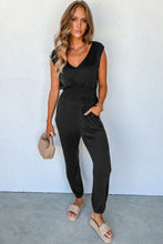 Load image into Gallery viewer, Black Shirred High Waist Sleeveless V Neck Jumpsuit
