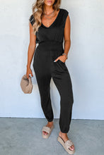 Load image into Gallery viewer, Black Shirred High Waist Sleeveless V Neck Jumpsuit
