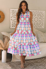 Load image into Gallery viewer, Blue Floral Print Frilly Neck Sleeveless Tiered Maxi Dress

