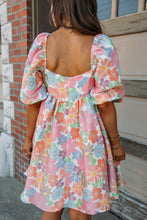 Load image into Gallery viewer, Pink Summer Floral Square Neck Puff Sleeve Babydoll Dress
