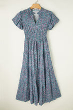 Load image into Gallery viewer, Blue Printed V Neck Shirred Short Puff Sleeve Maxi Dress
