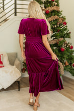 Load image into Gallery viewer, Prussian Blue Velvet Short Sleeve Shirred Waist Tiered Maxi Dress
