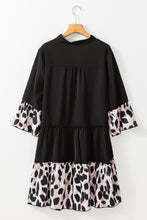 Load image into Gallery viewer, Plus Black Leopard Patchwork Split Neck Ruffle Curvy Dress
