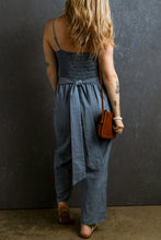 Load image into Gallery viewer, Sky Blue Smocked Spaghetti Straps Tied Back Wide Leg Jumpsuit
