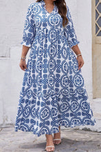 Load image into Gallery viewer, Sky Blue Geometric Print Lace-up Notch Neck Plus Size Maxi Dress
