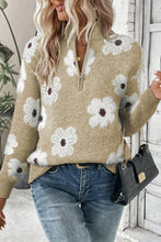 Load image into Gallery viewer, Khaki Floral Pattern Half Zip Drop Shoulder Sweater
