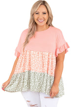 Load image into Gallery viewer, Pink Ruffled Short Sleeve Leopard Splicing Flowy Plus Size Top
