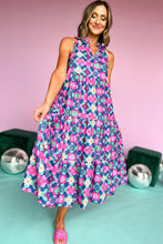 Load image into Gallery viewer, Blue Floral Print Frilly Neck Sleeveless Tiered Maxi Dress
